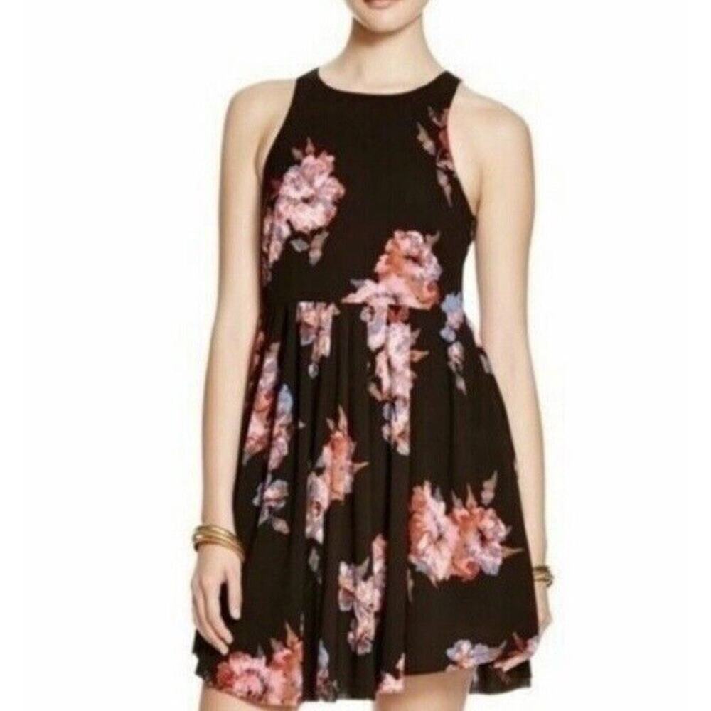 FREE PEOPLE Flutter Black With‎ Pink Floral Pleated Tank Swing Mini Dress Size 4